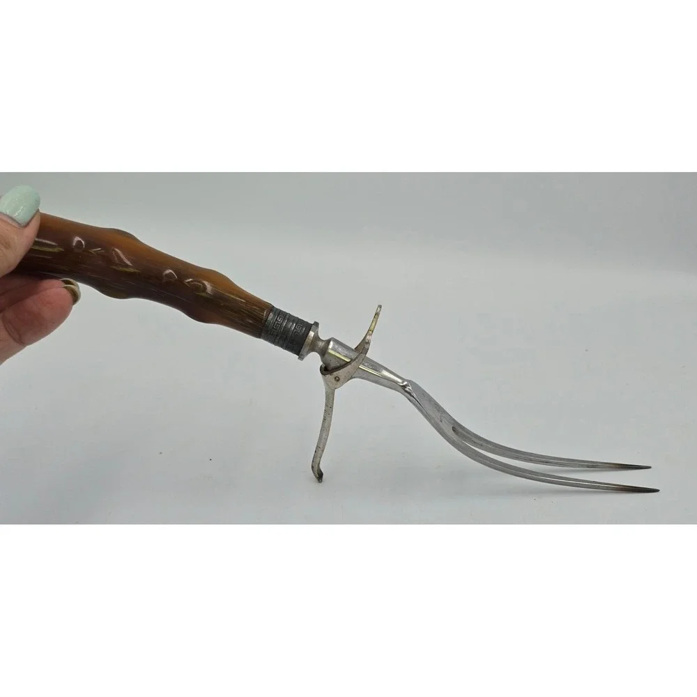 Vtg Landers Frary & Clark Meat Carving Fork Stag Antler Horn Handle Safety Guard